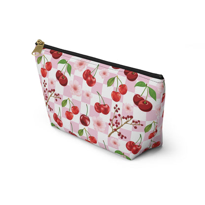 Cherry Checkerboard Accessory Pouch with T - bottom Pretty Pink and White Flower Pouch for Makeup Small Bag for School Supplies Floral Summer Cherries Zipper Pouch - Bags - Kristine Celestine