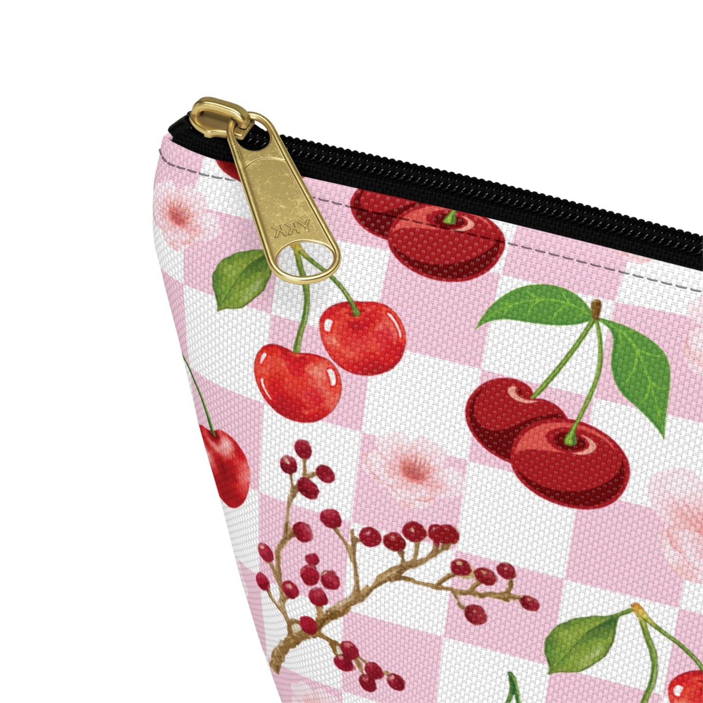 Cherry Checkerboard Accessory Pouch with T - bottom Pretty Pink and White Flower Pouch for Makeup Small Bag for School Supplies Floral Summer Cherries Zipper Pouch - Bags - Kristine Celestine