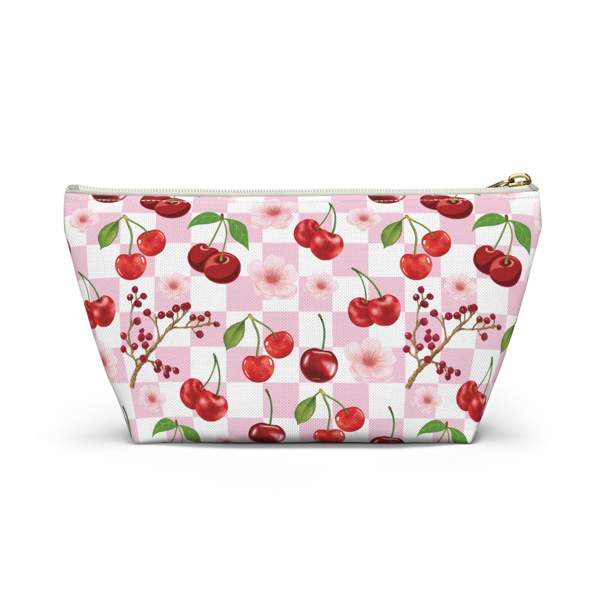 Cherry Checkerboard Accessory Pouch with T - bottom Pretty Pink and White Flower Pouch for Makeup Small Bag for School Supplies Floral Summer Cherries Zipper Pouch - Bags - Kristine Celestine