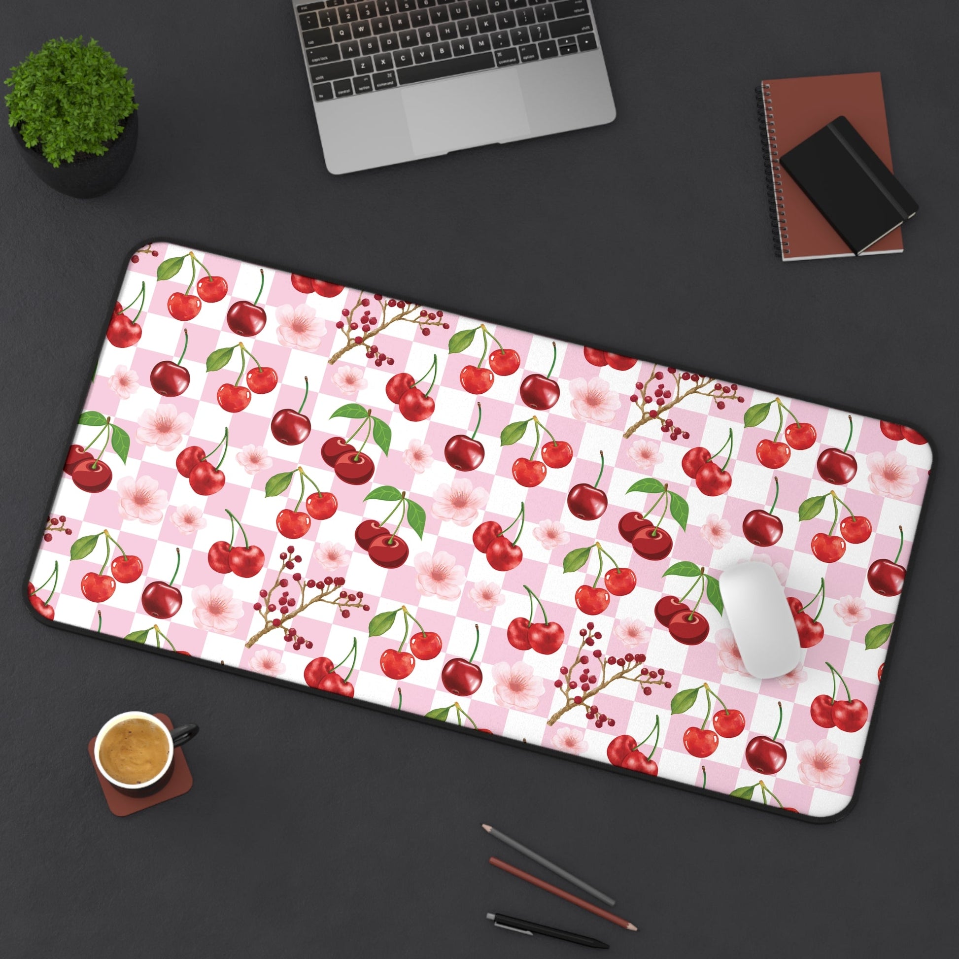 Cherry Checkerboard Desk Mat Sweet Red Cherries Computer Mat Pink and White Office Mat - Home Decor - Kristine Celestine