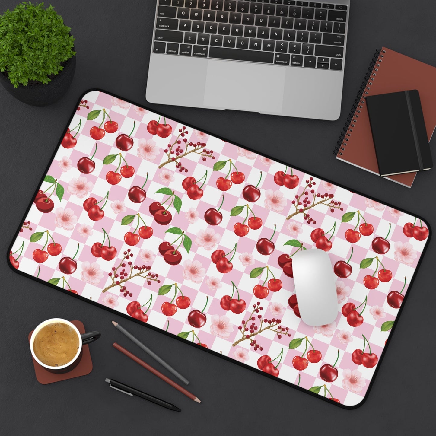 Cherry Checkerboard Desk Mat Sweet Red Cherries Computer Mat Pink and White Office Mat - Home Decor - Kristine Celestine