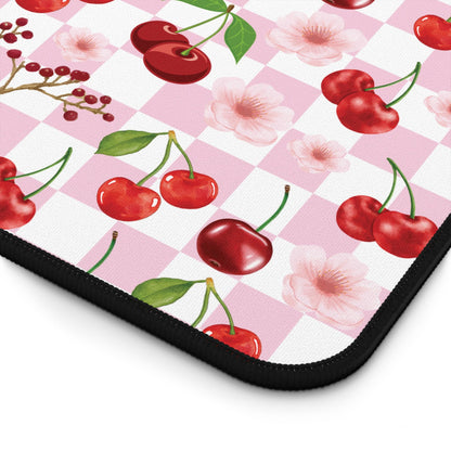 Cherry Checkerboard Desk Mat Sweet Red Cherries Computer Mat Pink and White Office Mat - Home Decor - Kristine Celestine