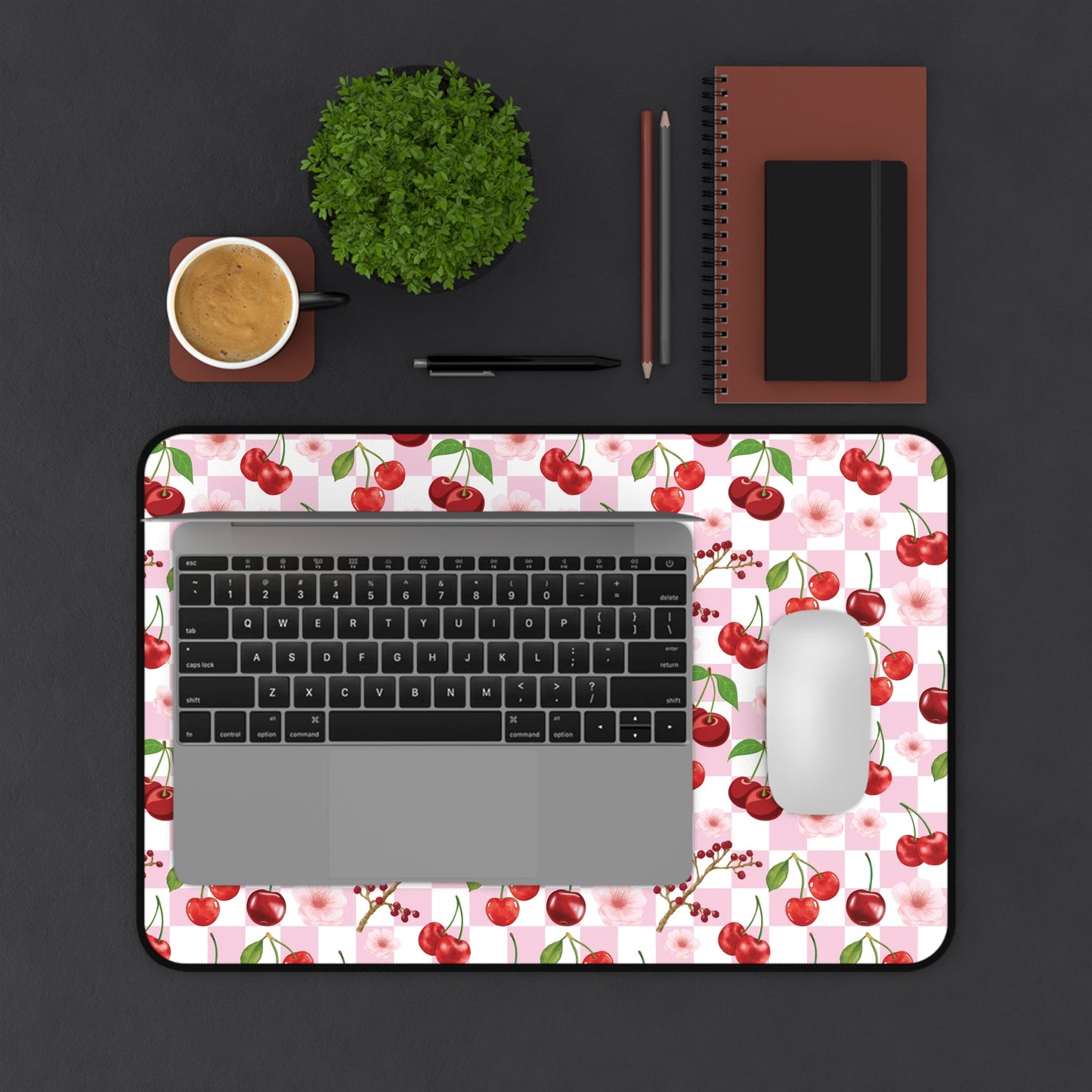 Cherry Checkerboard Desk Mat Sweet Red Cherries Computer Mat Pink and White Office Mat - Home Decor - Kristine Celestine