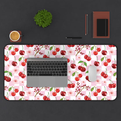 Cherry Checkerboard Desk Mat Sweet Red Cherries Computer Mat Pink and White Office Mat - Home Decor - Kristine Celestine