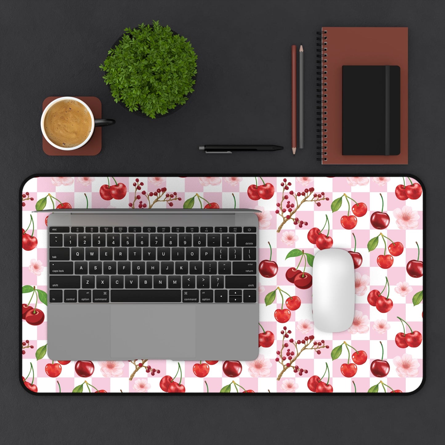 Cherry Checkerboard Desk Mat Sweet Red Cherries Computer Mat Pink and White Office Mat - Home Decor - Kristine Celestine