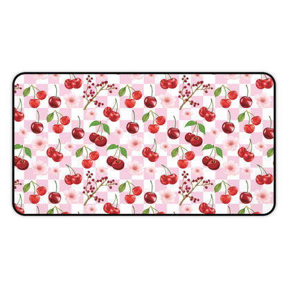 Cherry Checkerboard Desk Mat Sweet Red Cherries Computer Mat Pink and White Office Mat - Home Decor - Kristine Celestine