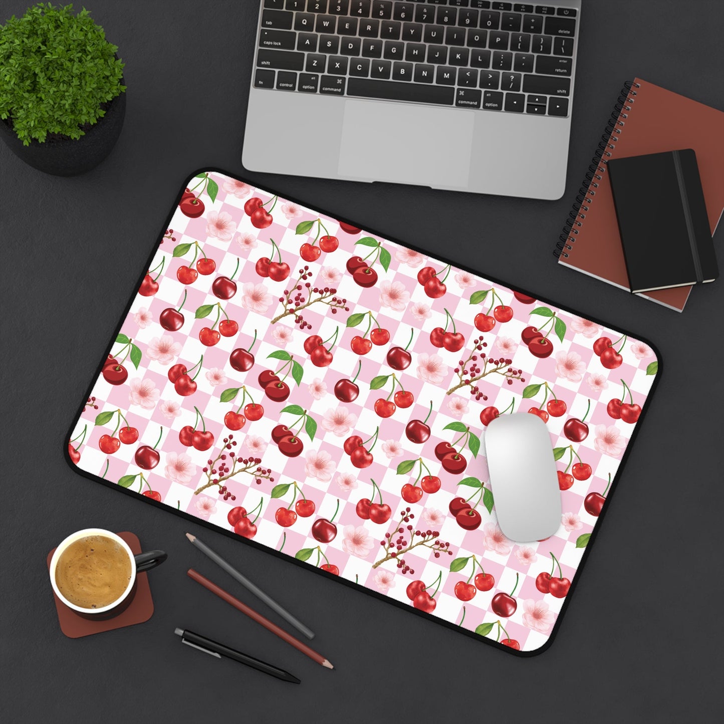 Cherry Checkerboard Desk Mat Sweet Red Cherries Computer Mat Pink and White Office Mat - Home Decor - Kristine Celestine