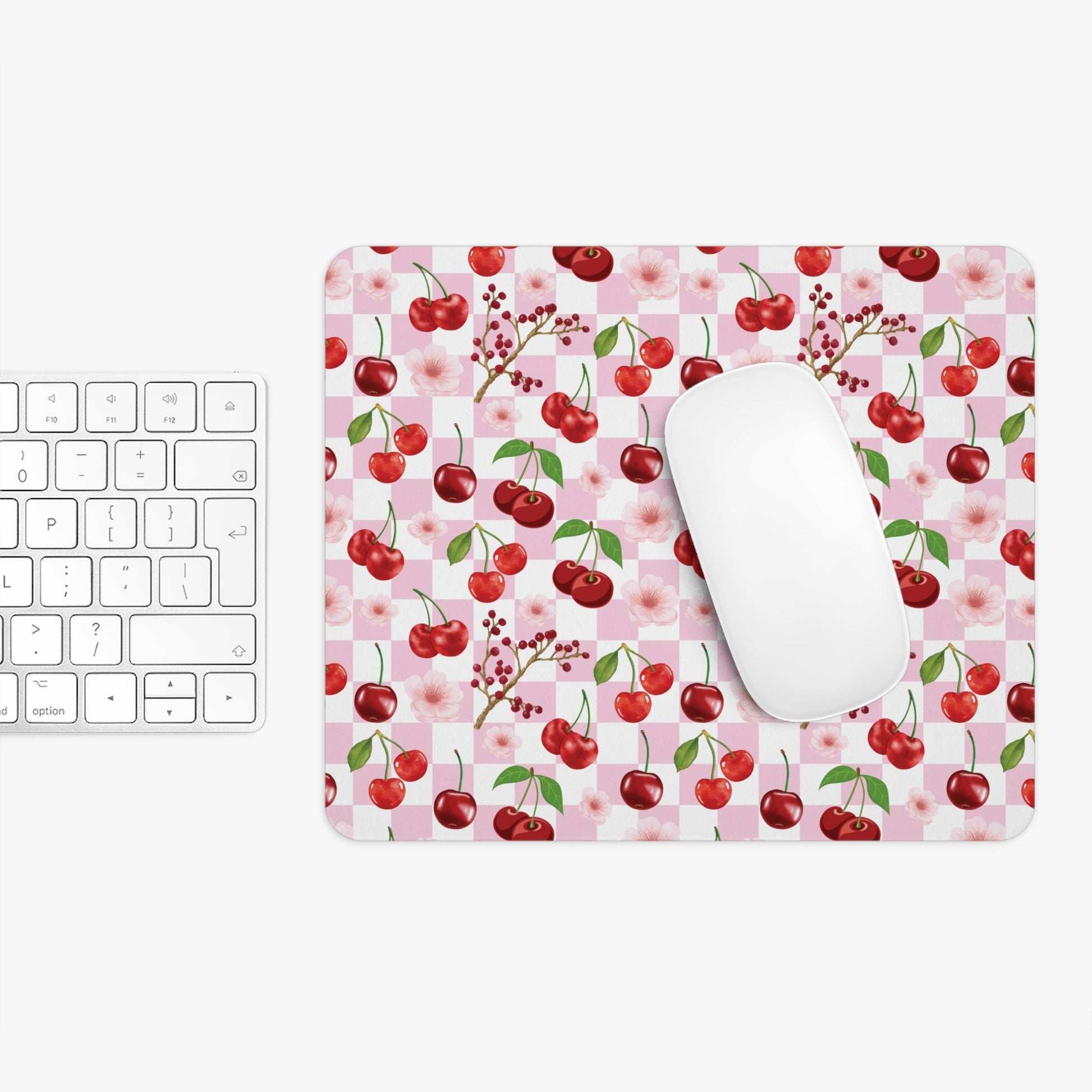 Cherry Checkerboard Mousepad Sweet Red Cherries Desk Mat Pink and White Mouse Pad - Home Decor - Kristine Celestine