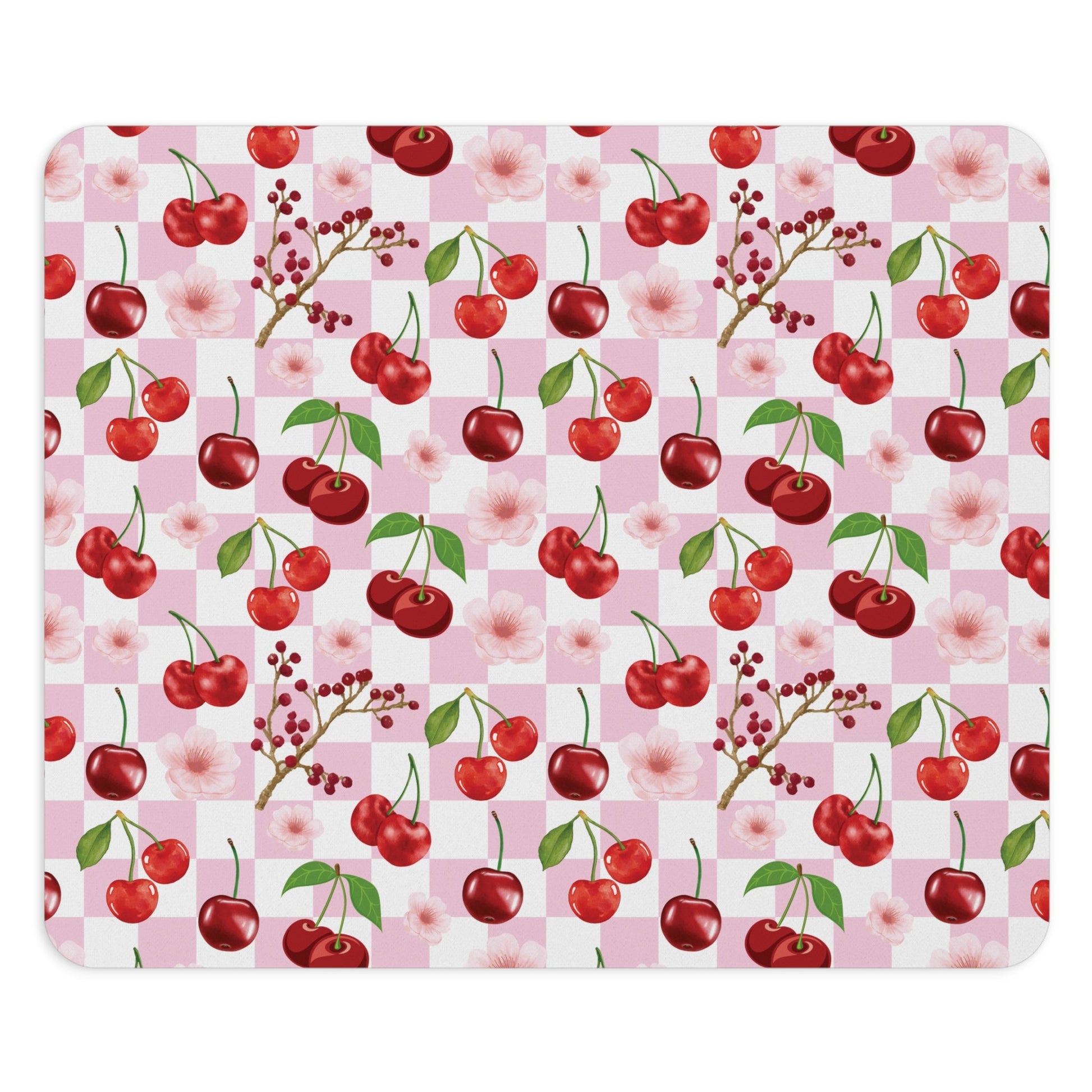 Cherry Checkerboard Mousepad Sweet Red Cherries Desk Mat Pink and White Mouse Pad - Home Decor - Kristine Celestine