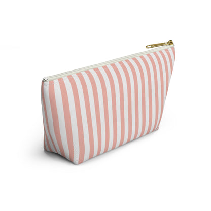 Coral Pink Stripes Accessory Pouch with T - bottom Pretty Pink and White Pouch for Makeup Small Bag for School Supplies Girly Striped Zipper Pouch - Bags - Kristine Celestine