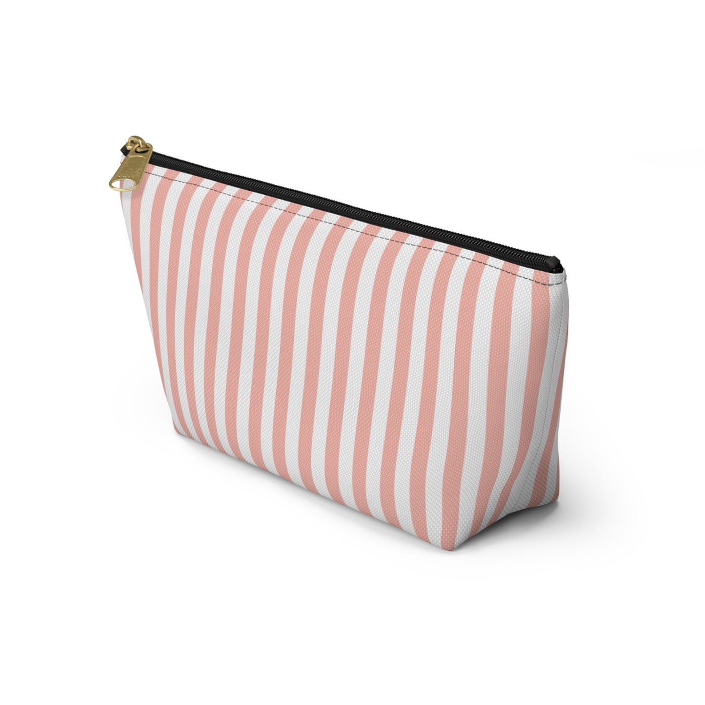 Coral Pink Stripes Accessory Pouch with T - bottom Pretty Pink and White Pouch for Makeup Small Bag for School Supplies Girly Striped Zipper Pouch - Bags - Kristine Celestine