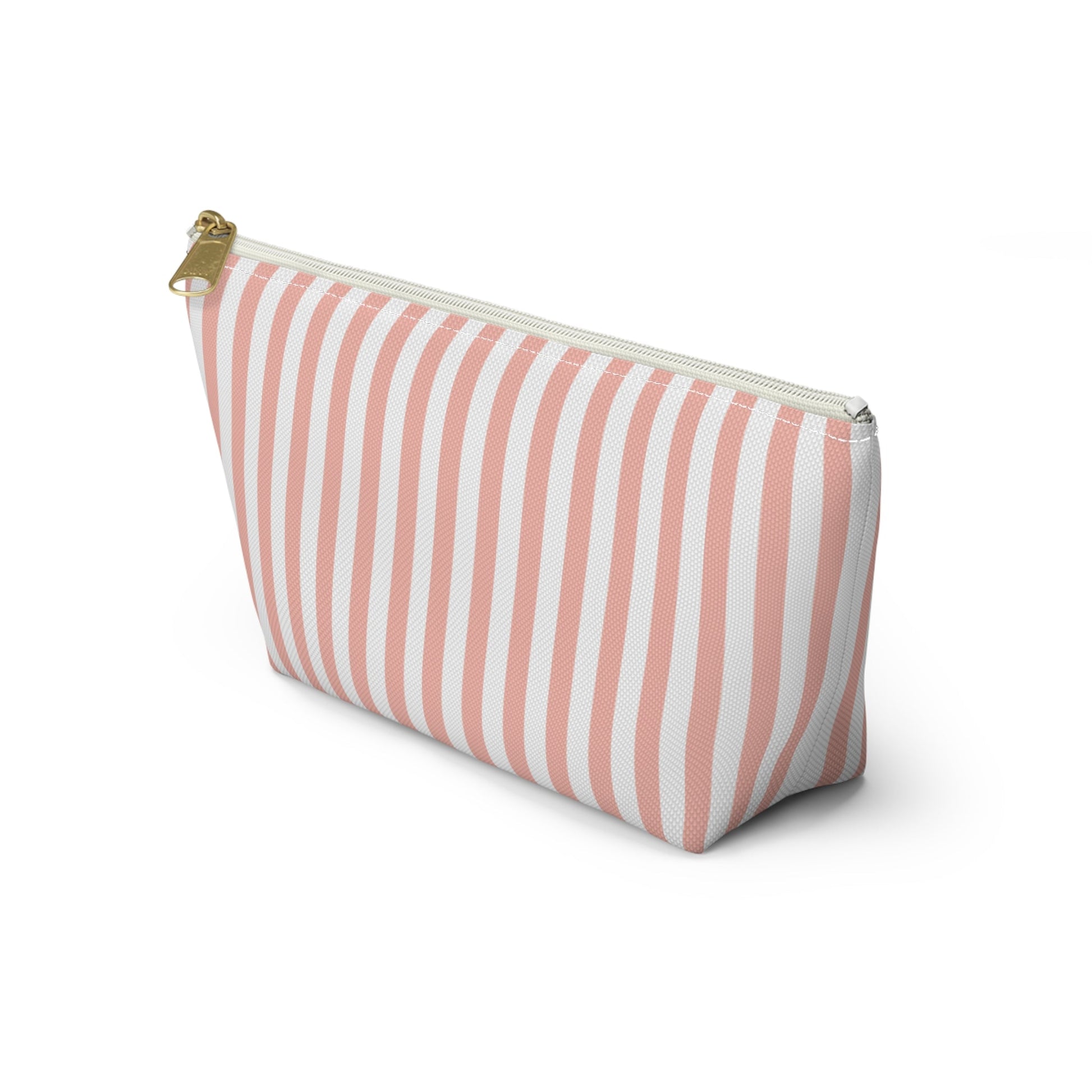 Coral Pink Stripes Accessory Pouch with T - bottom Pretty Pink and White Pouch for Makeup Small Bag for School Supplies Girly Striped Zipper Pouch - Bags - Kristine Celestine