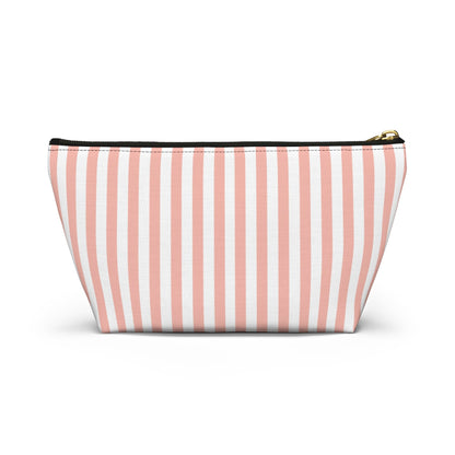 Coral Pink Stripes Accessory Pouch with T - bottom Pretty Pink and White Pouch for Makeup Small Bag for School Supplies Girly Striped Zipper Pouch - Bags - Kristine Celestine