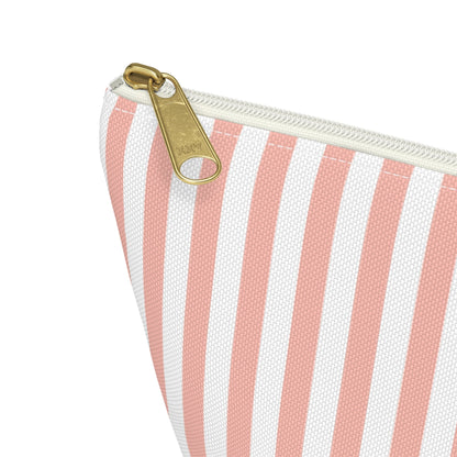 Coral Pink Stripes Accessory Pouch with T - bottom Pretty Pink and White Pouch for Makeup Small Bag for School Supplies Girly Striped Zipper Pouch - Bags - Kristine Celestine