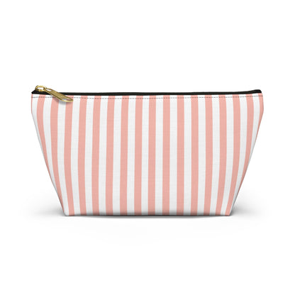 Coral Pink Stripes Accessory Pouch with T - bottom Pretty Pink and White Pouch for Makeup Small Bag for School Supplies Girly Striped Zipper Pouch - Bags - Kristine Celestine