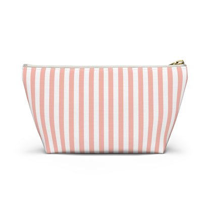 Coral Pink Stripes Accessory Pouch with T - bottom Pretty Pink and White Pouch for Makeup Small Bag for School Supplies Girly Striped Zipper Pouch - Bags - Kristine Celestine