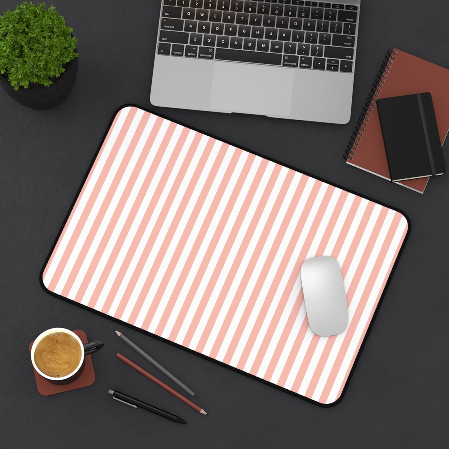 Coral Pink Stripes Desk Mat Cute Girly Striped Computer Mat Pink and White Simple Office Mat - Home Decor - Kristine Celestine