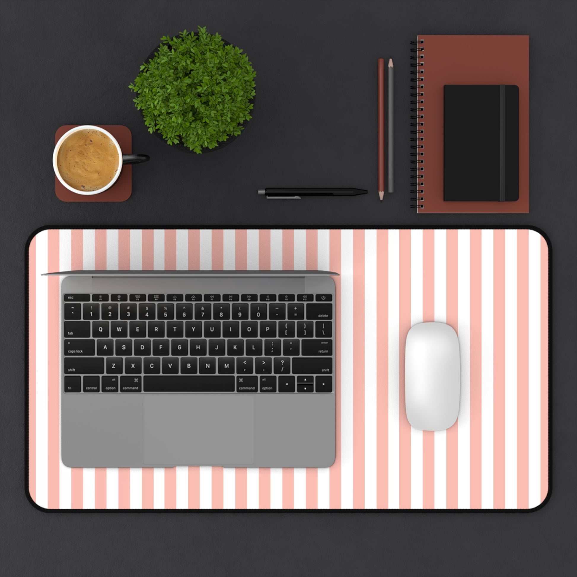 Coral Pink Stripes Desk Mat Cute Girly Striped Computer Mat Pink and White Simple Office Mat - Home Decor - Kristine Celestine