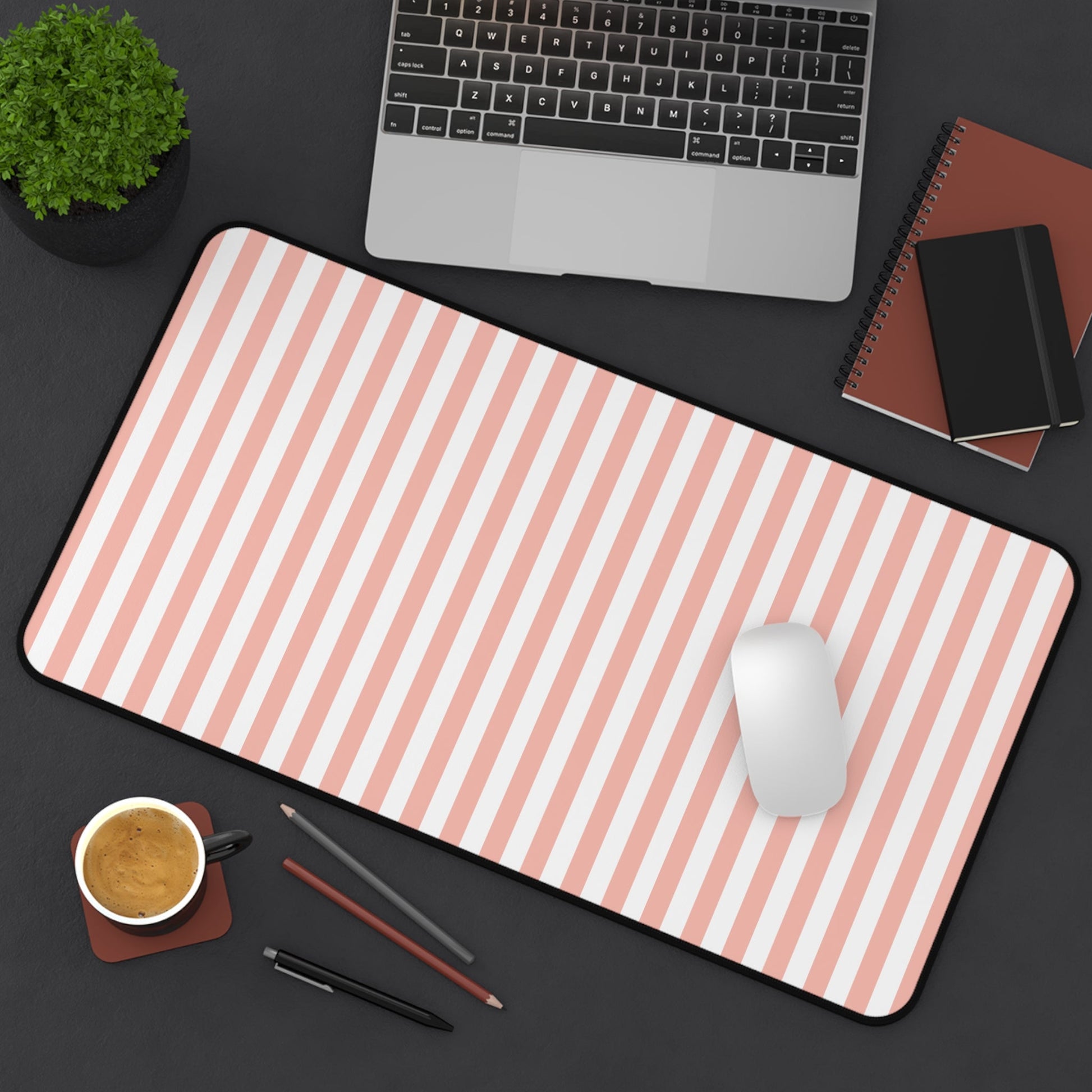 Coral Pink Stripes Desk Mat Cute Girly Striped Computer Mat Pink and White Simple Office Mat - Home Decor - Kristine Celestine