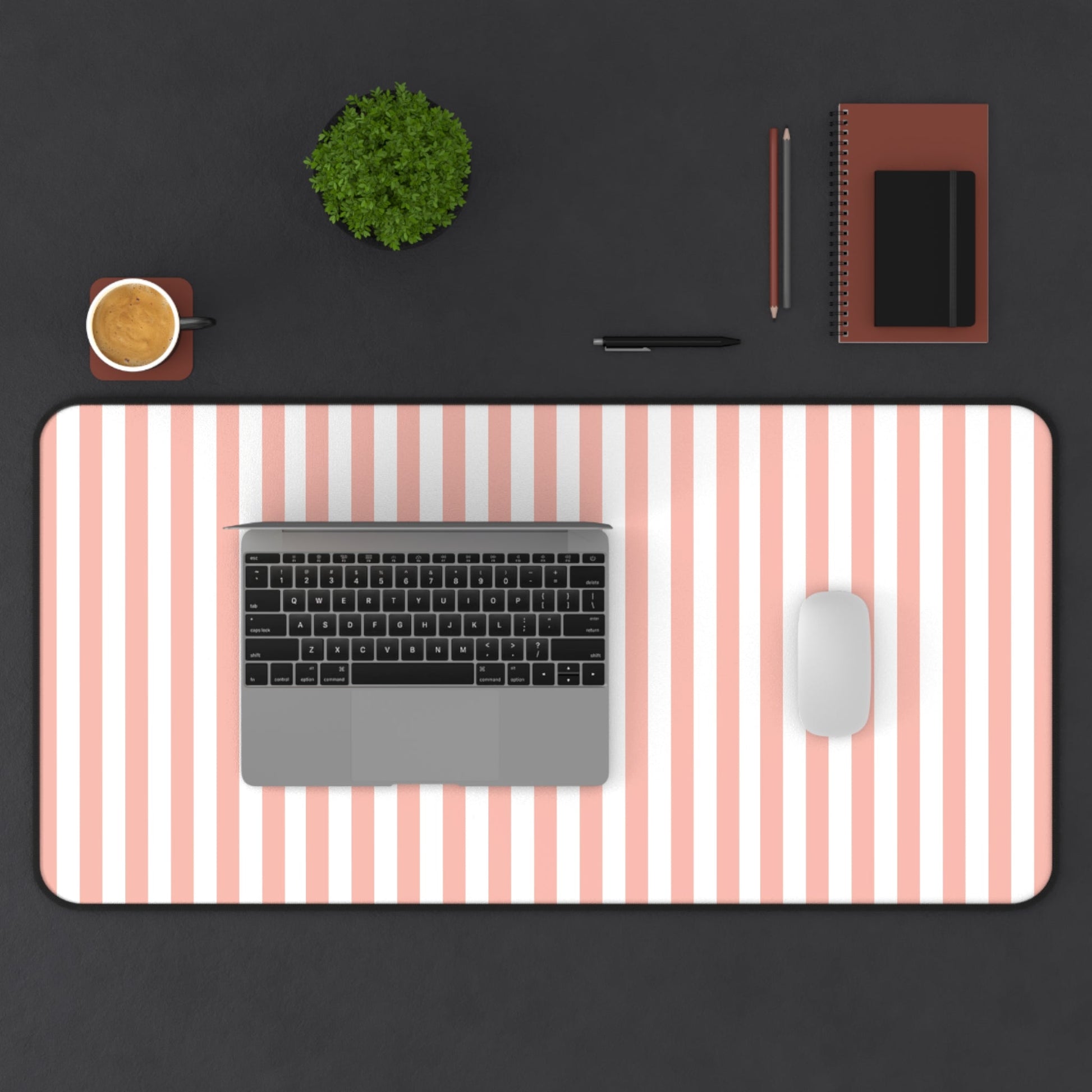 Coral Pink Stripes Desk Mat Cute Girly Striped Computer Mat Pink and White Simple Office Mat - Home Decor - Kristine Celestine