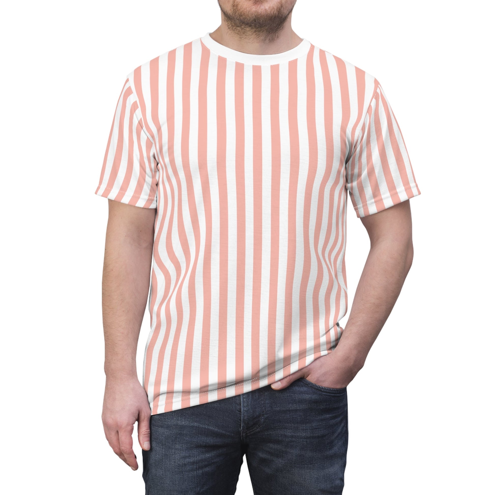 Coral Pink Stripes Patterned T - Shirt - T - Shirt - Kristine Celestine