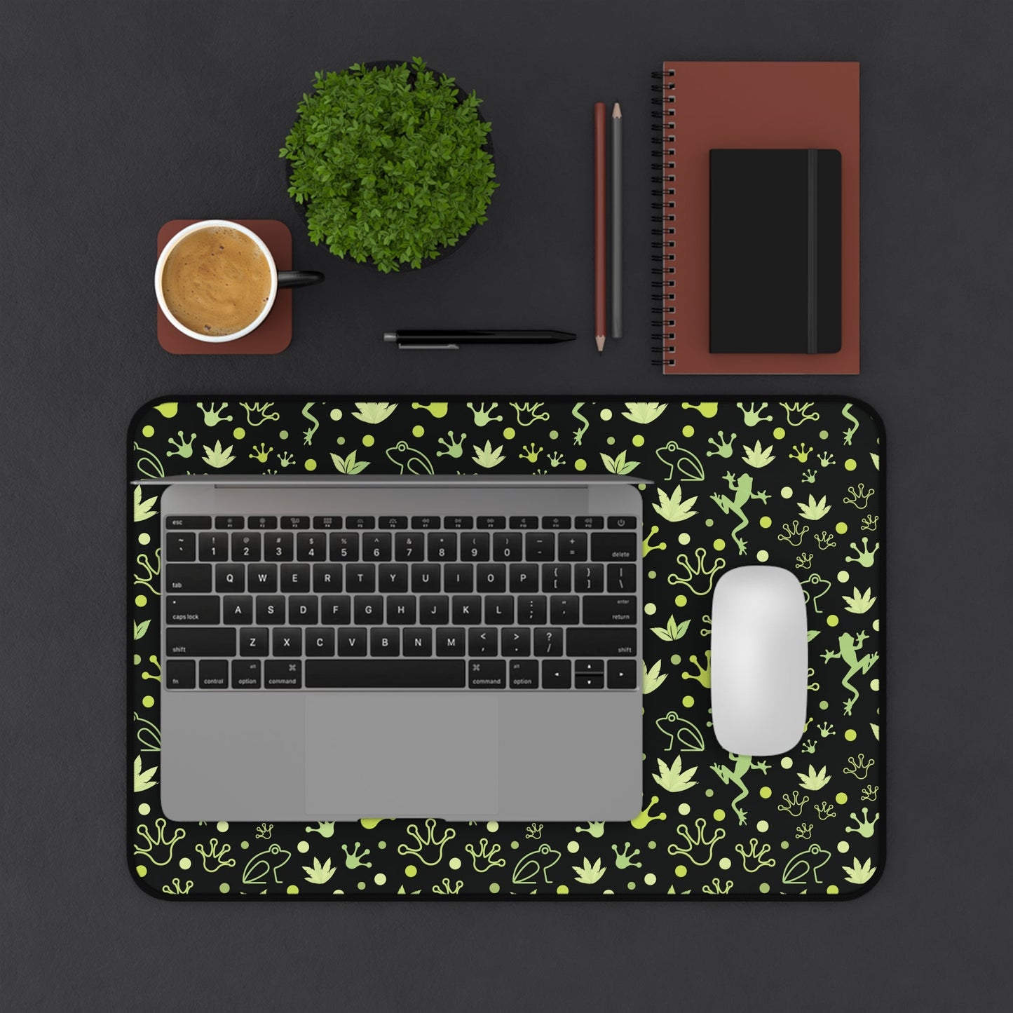 Froggy Black Desk Mat Green Frogs at Night Computer Mat Neon Lime Green Toad Office Mat - Home Decor - Kristine Celestine