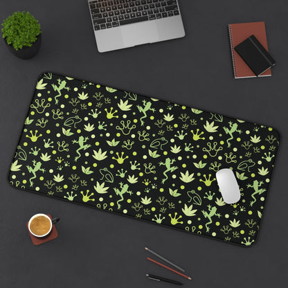 Froggy Black Desk Mat Green Frogs at Night Computer Mat Neon Lime Green Toad Office Mat - Home Decor - Kristine Celestine