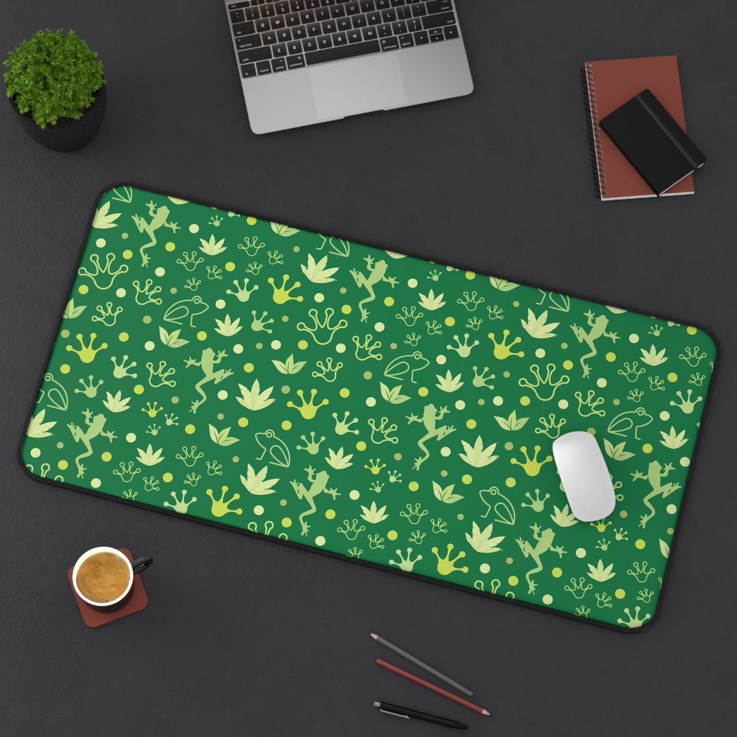 Froggy Dark Green Desk Mat Forest Green Jumpy Frogs Computer Mat Fun Toad Office Mat - Home Decor - Kristine Celestine