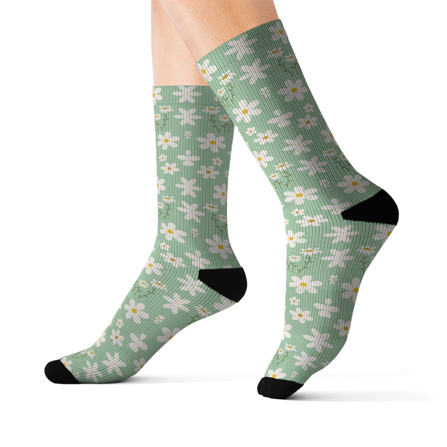 Mint Daisy Delight Socks Cute Comfy Green Spring Flower Crew Socks Cozy Light Emerald Summer Floral Socks for Feet - All Over Prints - Kristine Celestine