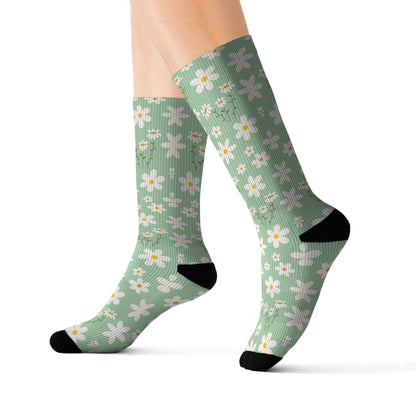 Mint Daisy Delight Socks Cute Comfy Green Spring Flower Crew Socks Cozy Light Emerald Summer Floral Socks for Feet - All Over Prints - Kristine Celestine