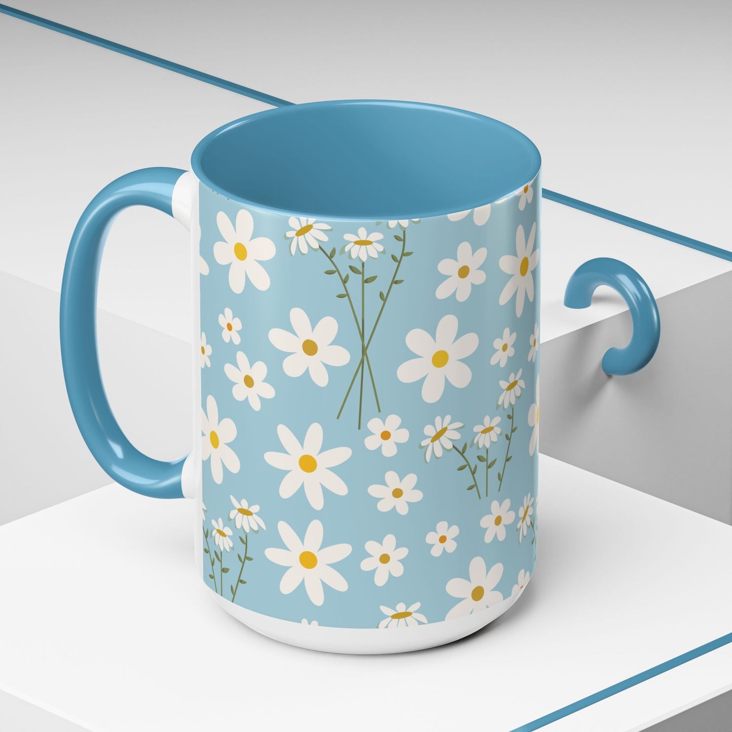 Sky Blue Daisy Accent Mug Pretty Cool Blue Ceramic Coffee Cup Spring Flower Tea Mug Floral Calm Ocean Blue Tea Cup - Mug - Kristine Celestine