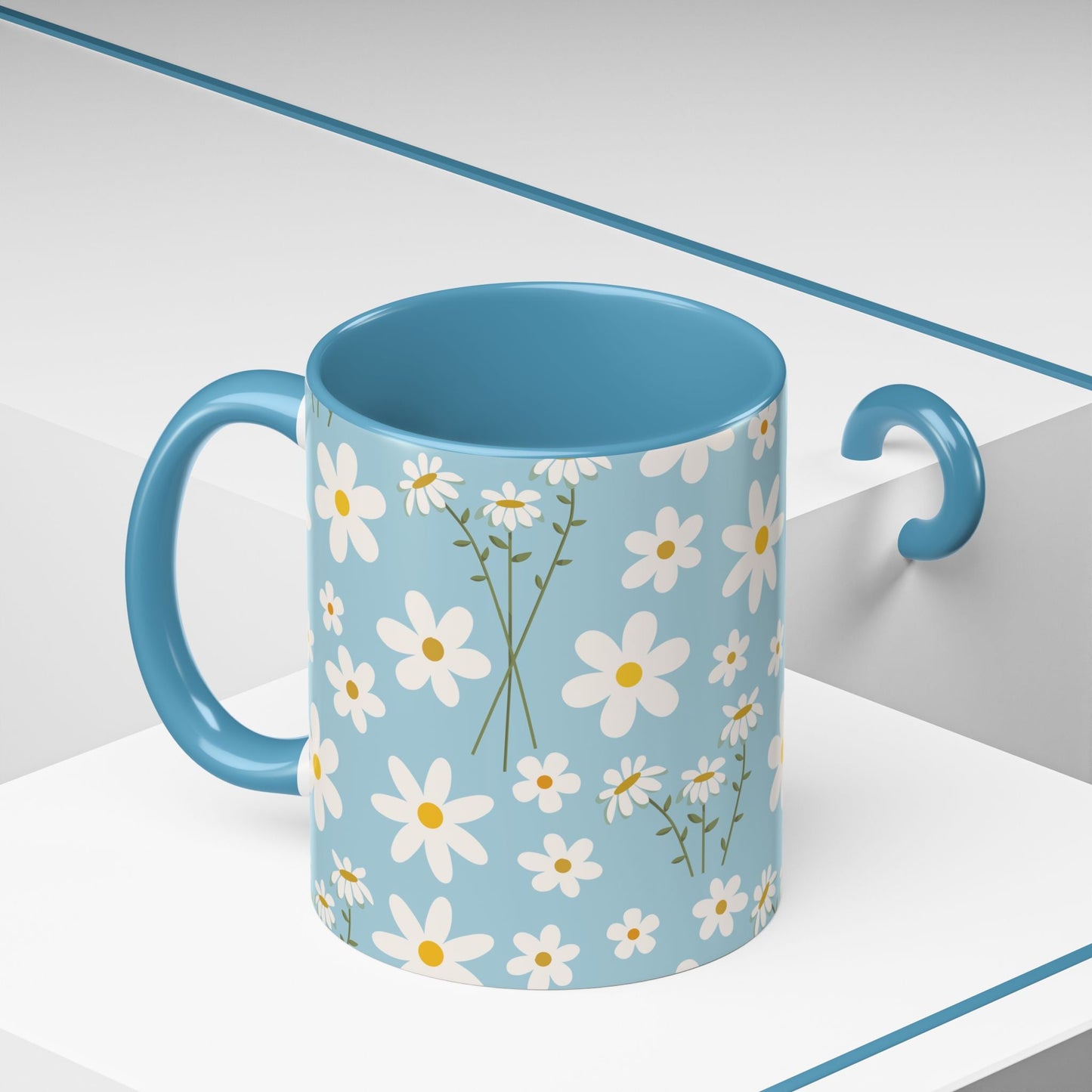 Sky Blue Daisy Accent Mug Pretty Cool Blue Ceramic Coffee Cup Spring Flower Tea Mug Floral Calm Ocean Blue Tea Cup - Mug - Kristine Celestine