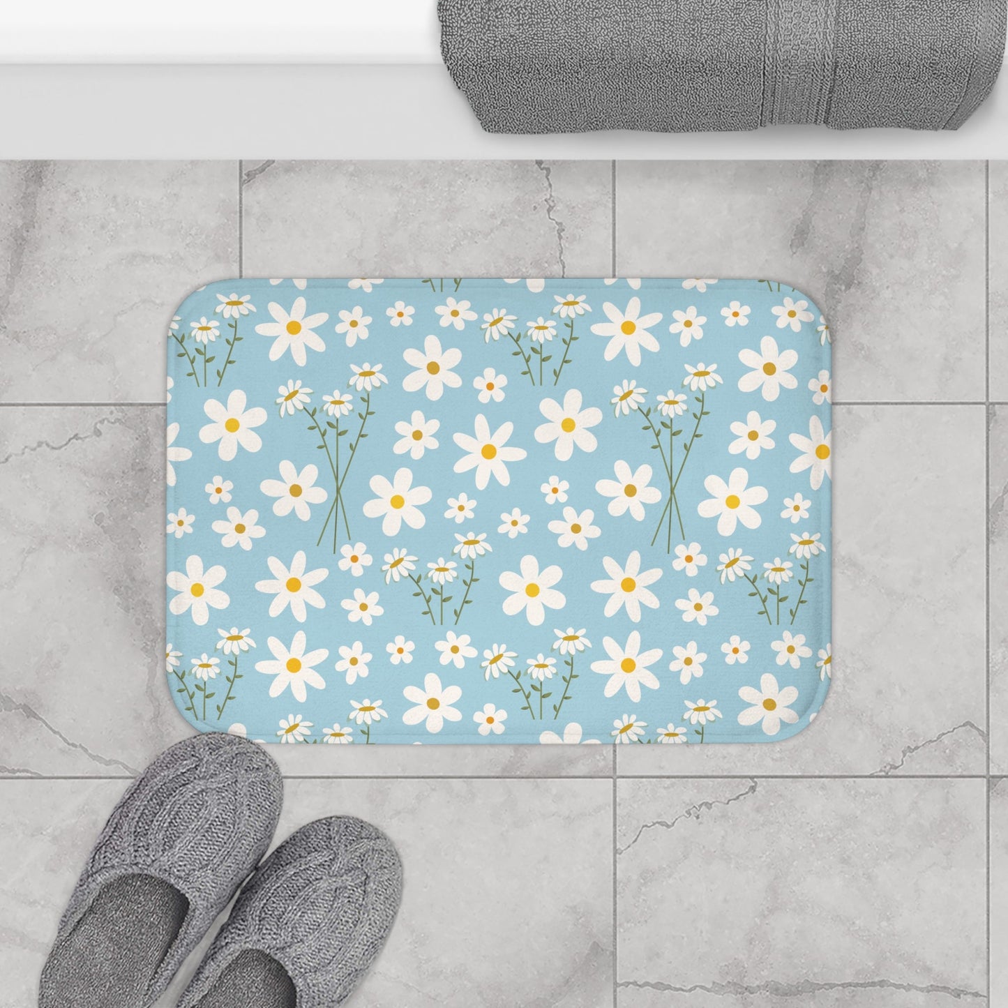 Sky Blue Daisy Bath Mat Cute Daisies Bathmat Cool Blue Mat Floral Rug Girly Area Rug Spring Floor Cloth Cute Doormat Flower Runner Womens Bath Accessory Room Decor - Home Decor - Kristine Celestine