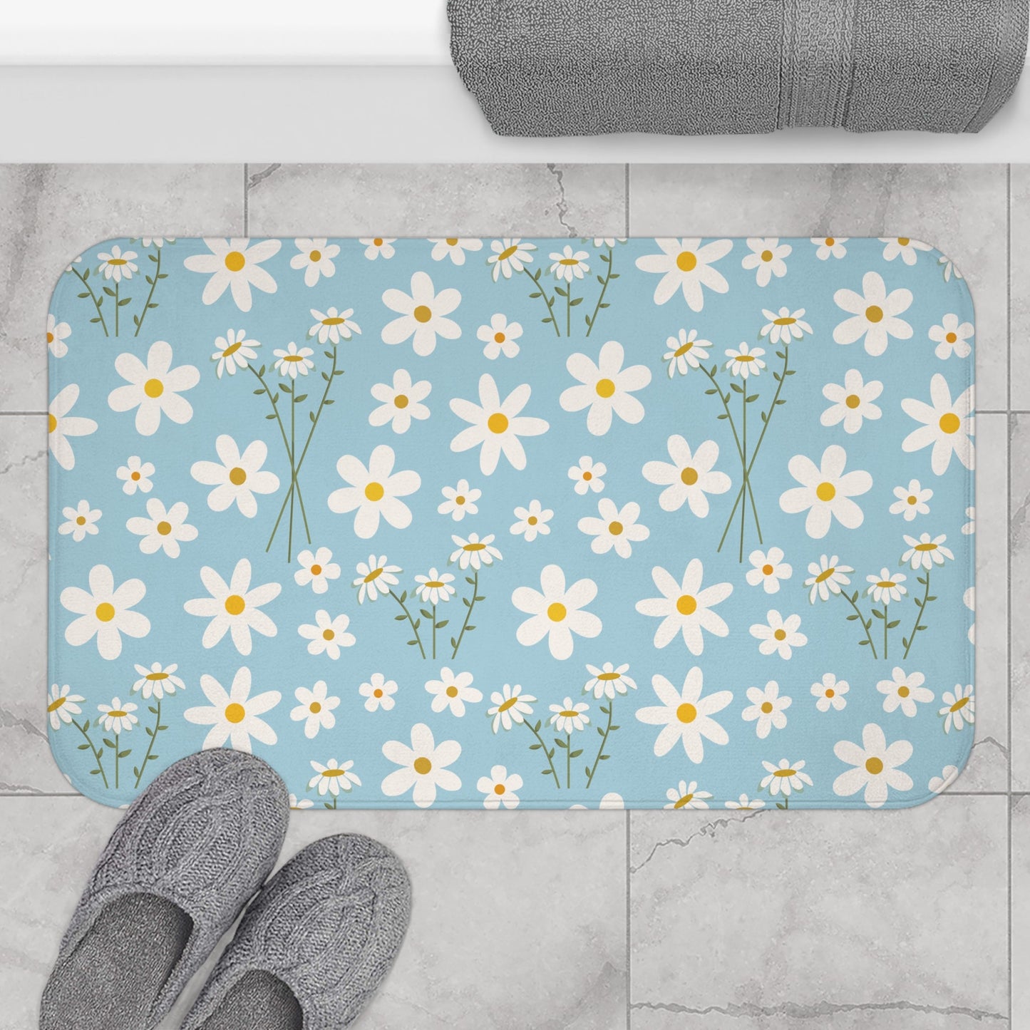 Sky Blue Daisy Bath Mat Cute Daisies Bathmat Cool Blue Mat Floral Rug Girly Area Rug Spring Floor Cloth Cute Doormat Flower Runner Womens Bath Accessory Room Decor - Home Decor - Kristine Celestine