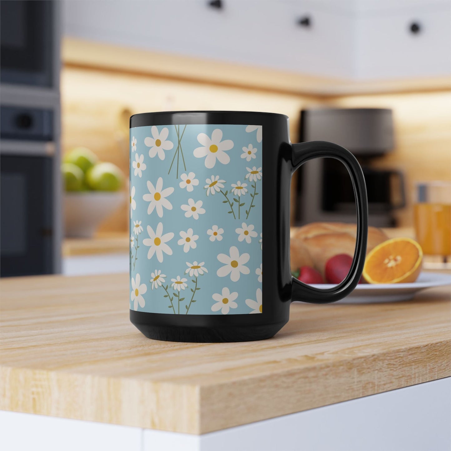 Sky Blue Daisy Black Mug Cool Summer Flower Coffee Mug Floral Calm Ocean Blue Tea Cup Light Blue Spring Ceramic Mug - Mug - Kristine Celestine