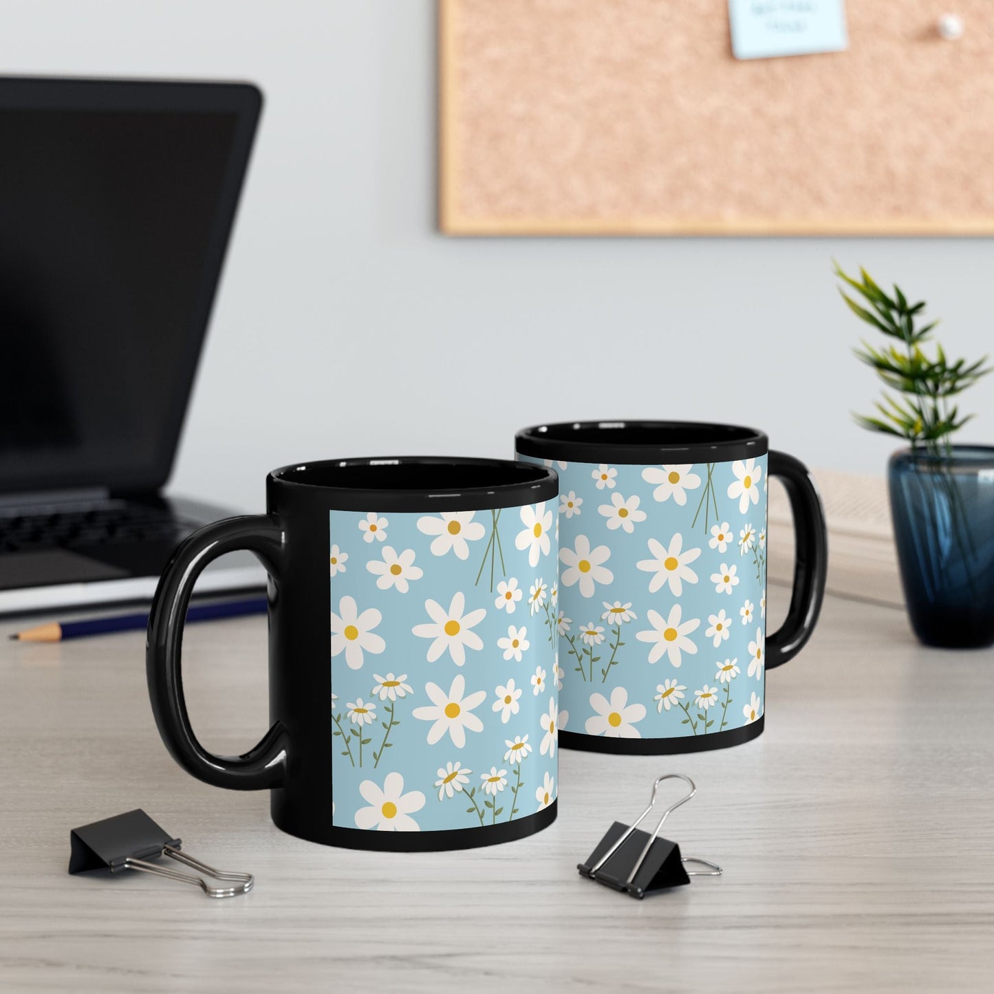 Sky Blue Daisy Black Mug Cool Summer Flower Coffee Mug Floral Calm Ocean Blue Tea Cup Light Blue Spring Ceramic Mug - Mug - Kristine Celestine