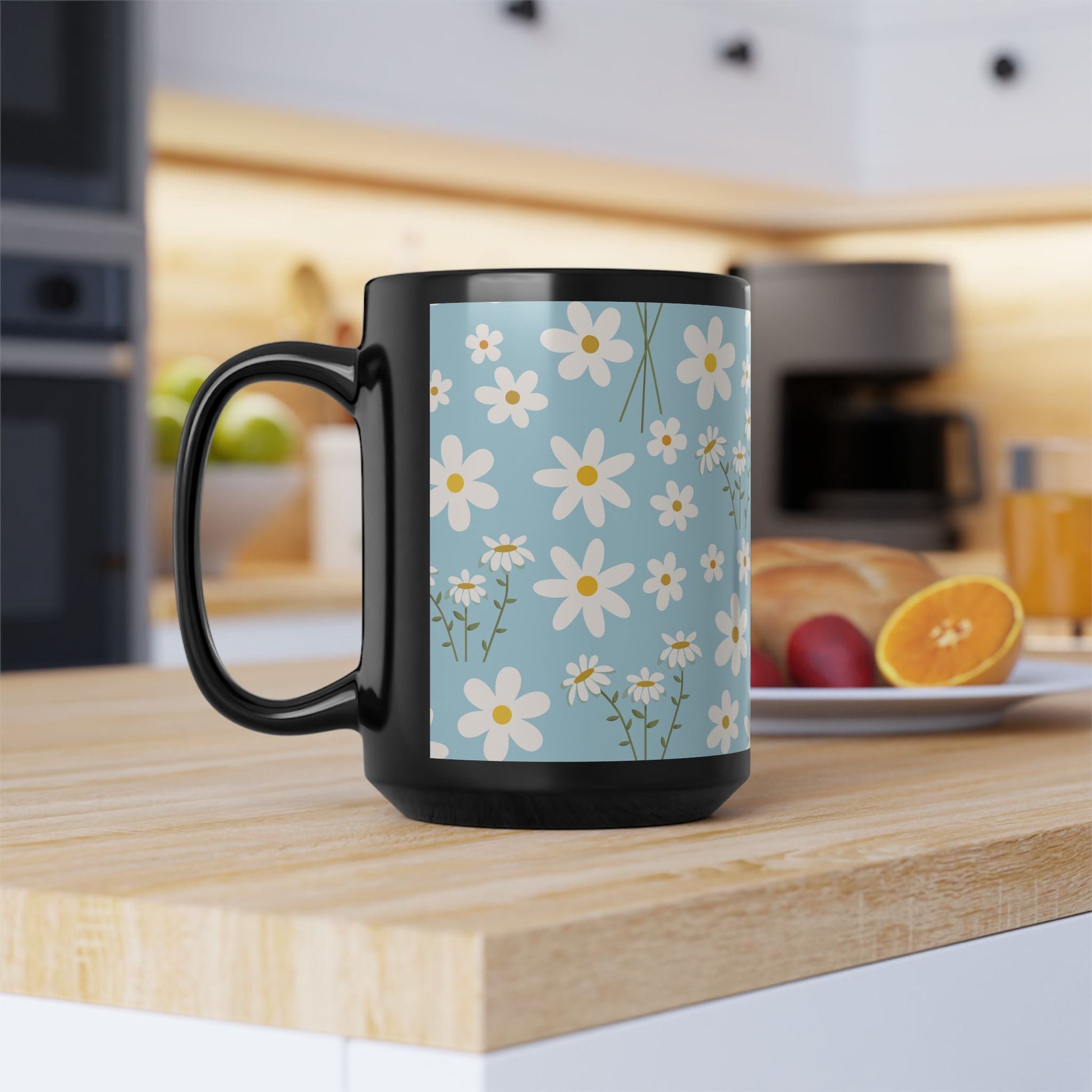 Sky Blue Daisy Black Mug Cool Summer Flower Coffee Mug Floral Calm Ocean Blue Tea Cup Light Blue Spring Ceramic Mug - Mug - Kristine Celestine