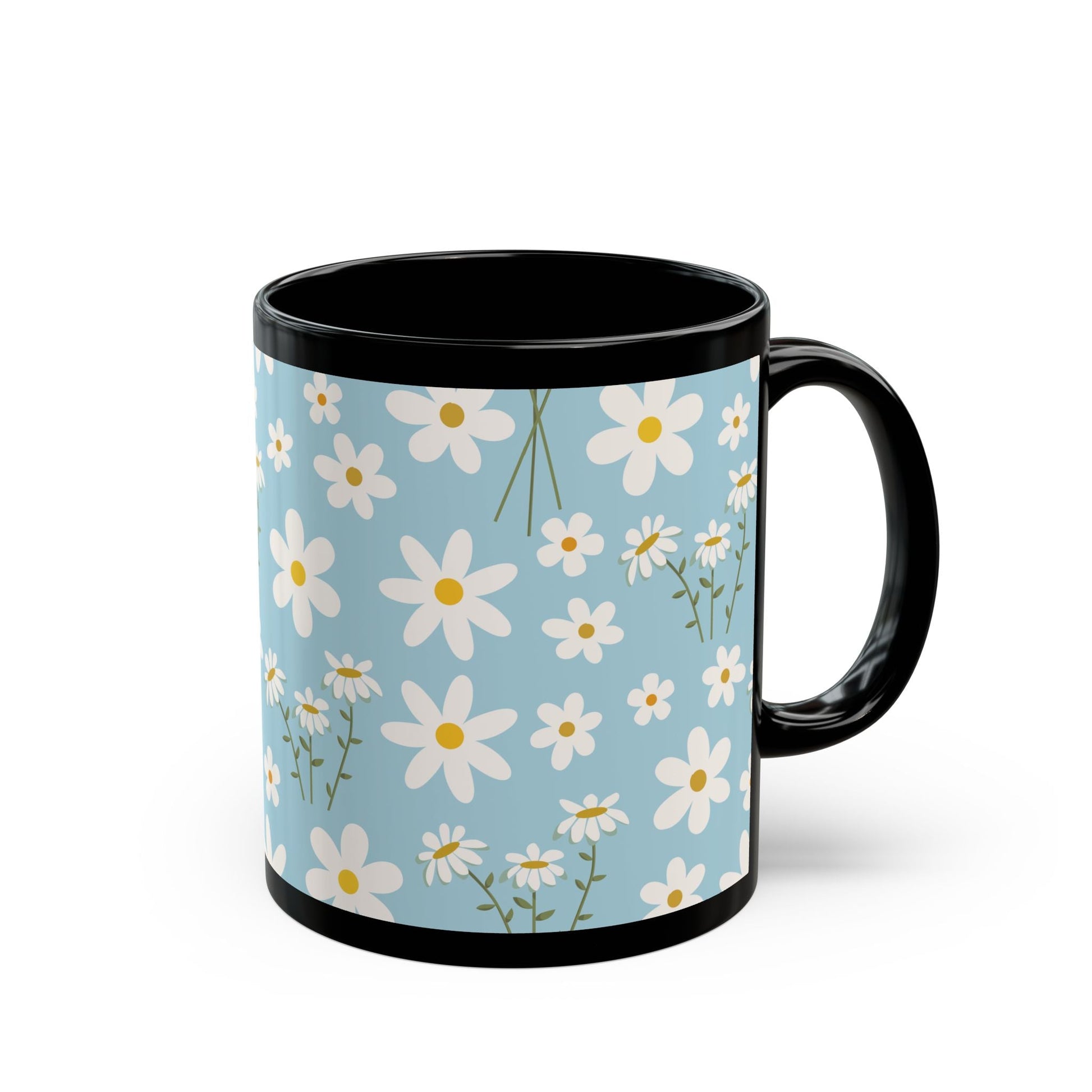 Sky Blue Daisy Black Mug Cool Summer Flower Coffee Mug Floral Calm Ocean Blue Tea Cup Light Blue Spring Ceramic Mug - Mug - Kristine Celestine