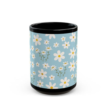 Sky Blue Daisy Black Mug Cool Summer Flower Coffee Mug Floral Calm Ocean Blue Tea Cup Light Blue Spring Ceramic Mug - Mug - Kristine Celestine