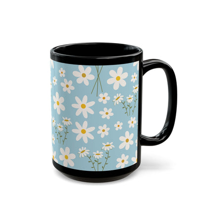 Sky Blue Daisy Black Mug Cool Summer Flower Coffee Mug Floral Calm Ocean Blue Tea Cup Light Blue Spring Ceramic Mug - Mug - Kristine Celestine