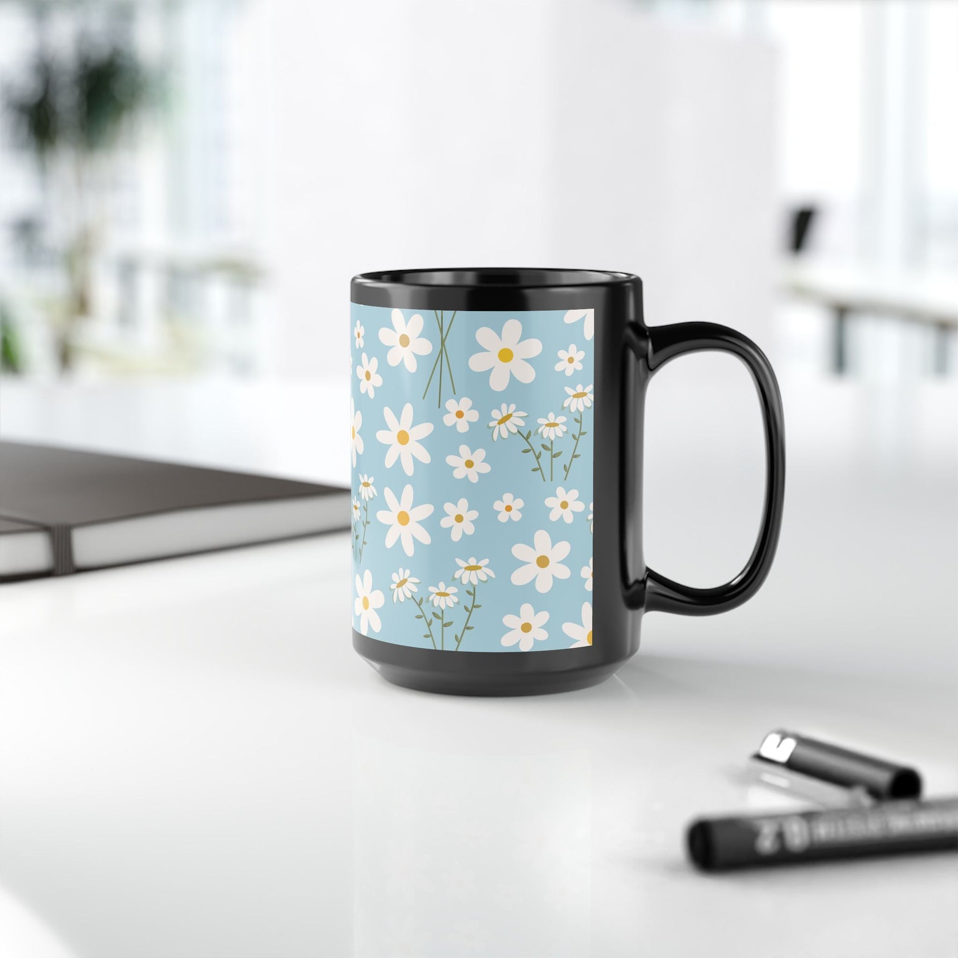 Sky Blue Daisy Black Mug Cool Summer Flower Coffee Mug Floral Calm Ocean Blue Tea Cup Light Blue Spring Ceramic Mug - Mug - Kristine Celestine