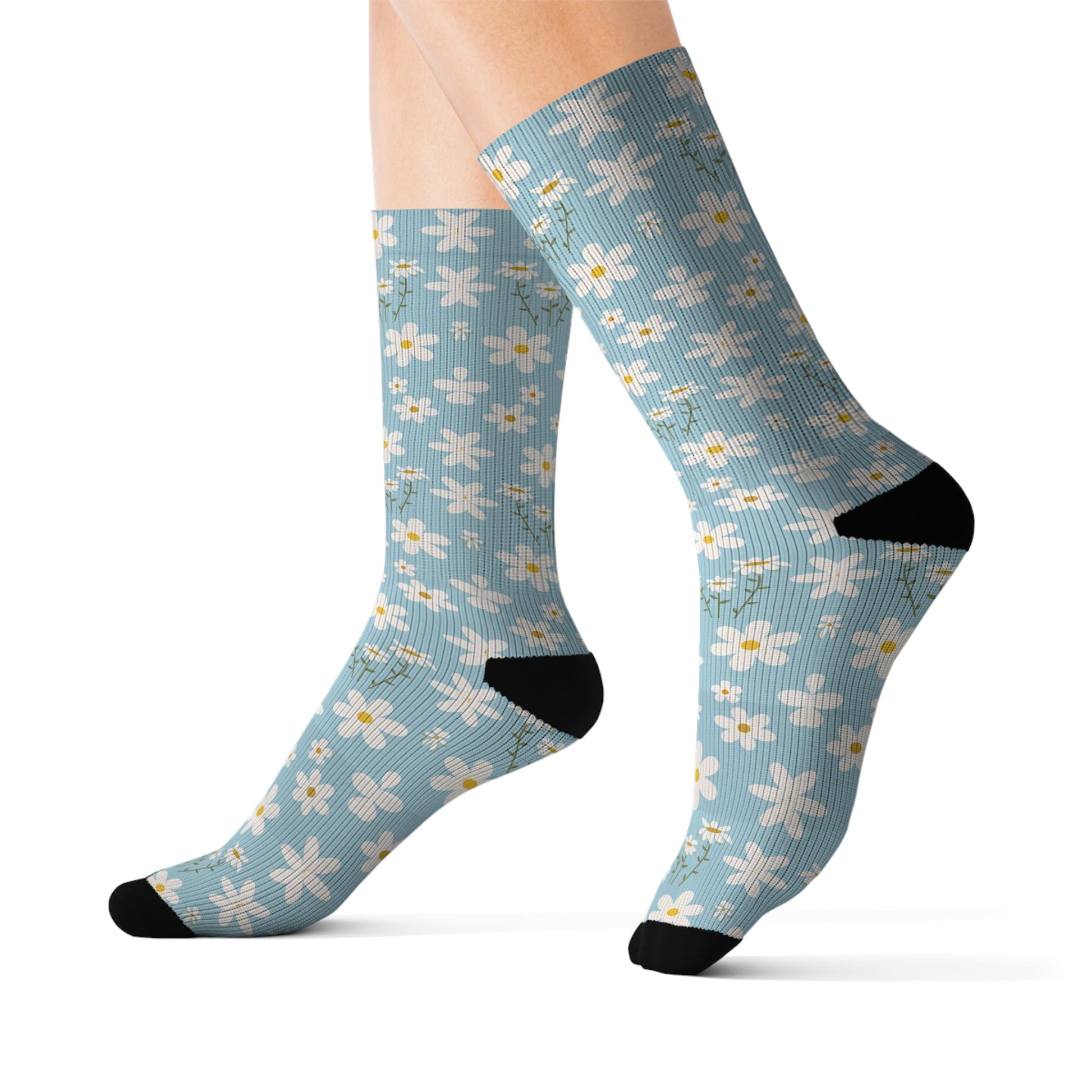 Sky Blue Daisy Socks Cute Comfy Blue Spring Flower Crew Socks Cozy Summer Floral Socks for Feet - All Over Prints - Kristine Celestine