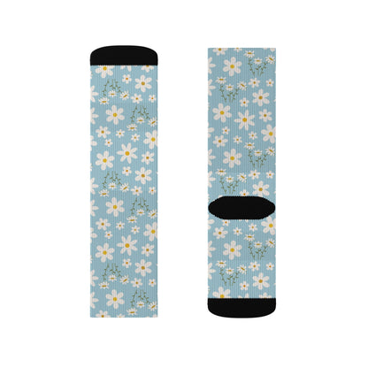 Sky Blue Daisy Socks Cute Comfy Blue Spring Flower Crew Socks Cozy Summer Floral Socks for Feet - All Over Prints - Kristine Celestine