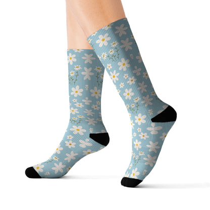 Sky Blue Daisy Socks Cute Comfy Blue Spring Flower Crew Socks Cozy Summer Floral Socks for Feet - All Over Prints - Kristine Celestine