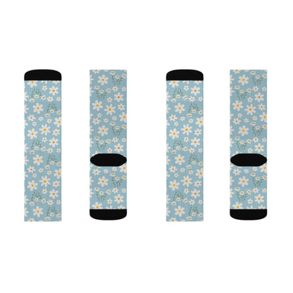 Sky Blue Daisy Socks Cute Comfy Blue Spring Flower Crew Socks Cozy Summer Floral Socks for Feet - All Over Prints - Kristine Celestine