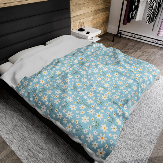 Sky Blue Daisy Velveteen Plush Blanket Cool Blue Blanket Summer Flower Bed Sheet Floral Spring Picnic Blanket Summer Movie Night Blanket Pretty Adorable Spread - All Over Prints - Kristine Celestine