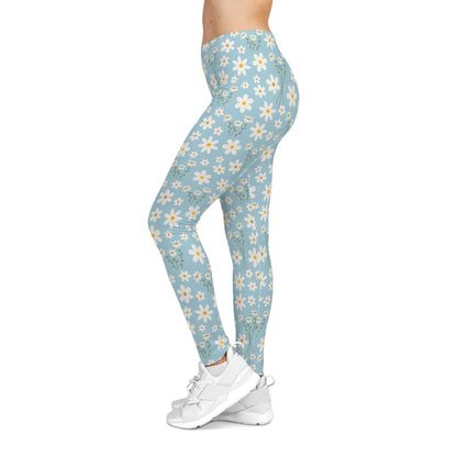 Sky Blue Daisy Women's Casual Leggings Cute Blue Summer Flower Exercise Attire Floral Spring Gym Leggings Light Blue Morning Yoga Pants - All Over Prints - Kristine Celestine