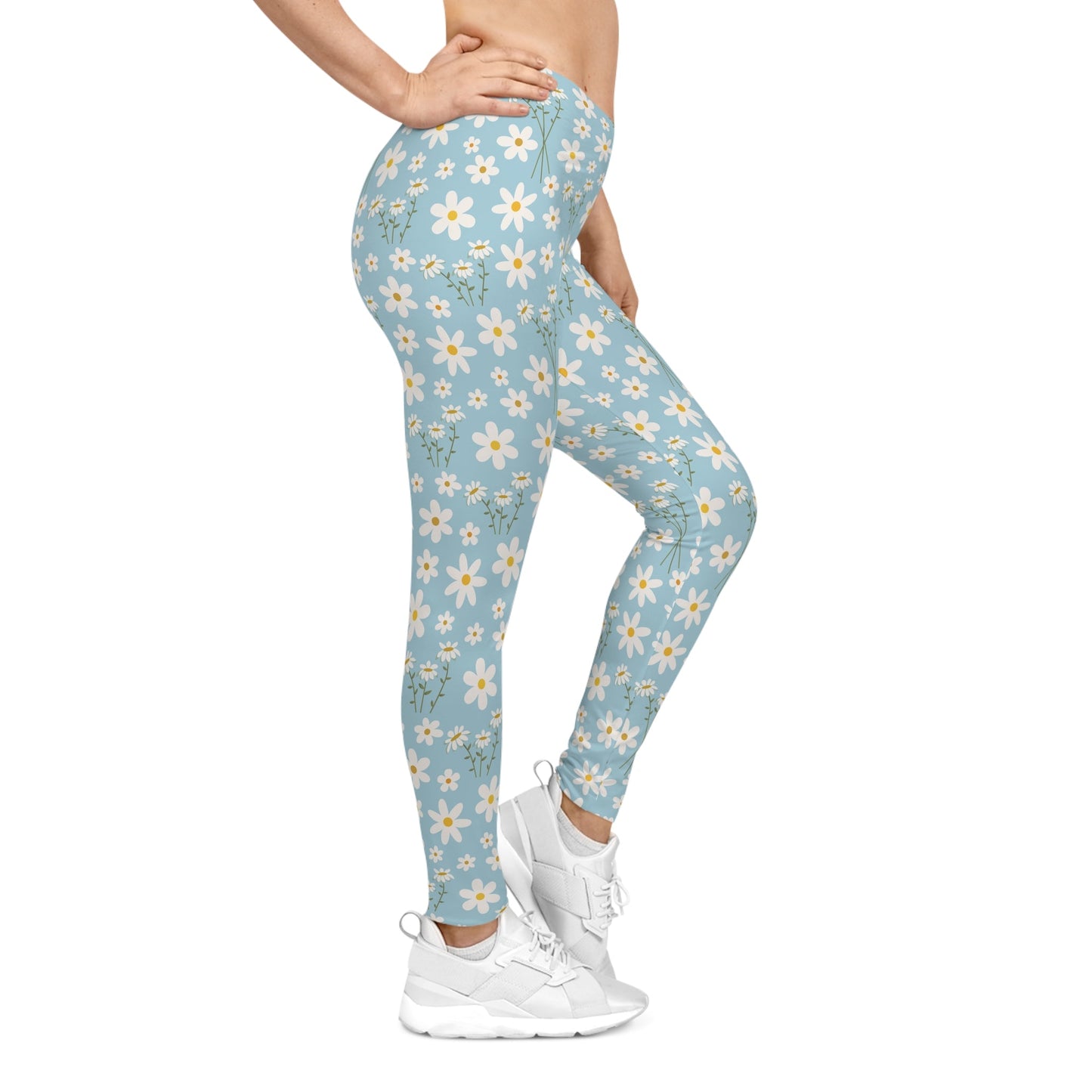 Sky Blue Daisy Women's Casual Leggings Cute Blue Summer Flower Exercise Attire Floral Spring Gym Leggings Light Blue Morning Yoga Pants - All Over Prints - Kristine Celestine