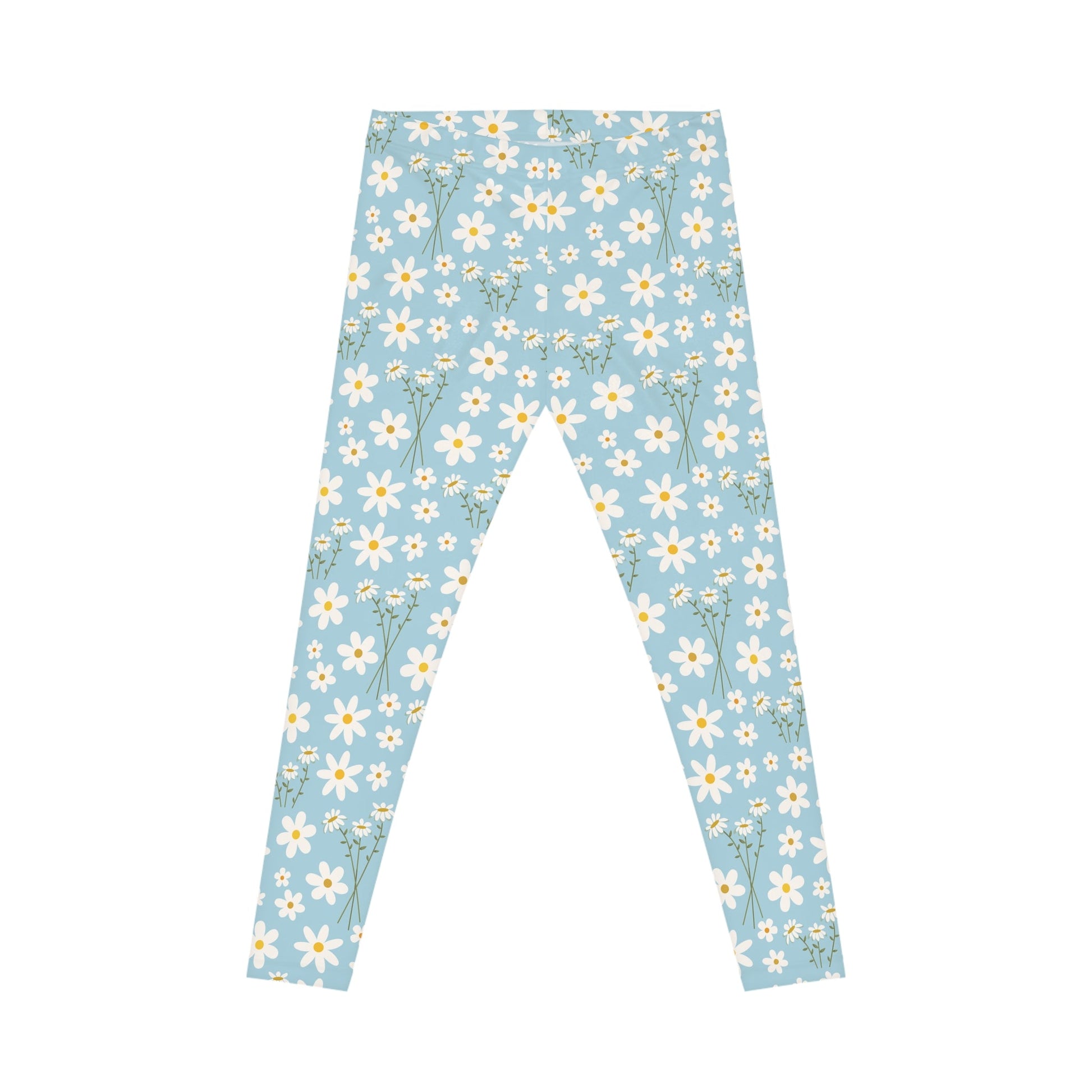 Sky Blue Daisy Women's Casual Leggings Cute Blue Summer Flower Exercise Attire Floral Spring Gym Leggings Light Blue Morning Yoga Pants - All Over Prints - Kristine Celestine