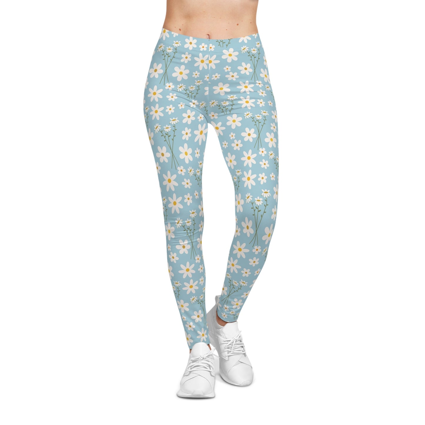 Sky Blue Daisy Women's Casual Leggings Cute Blue Summer Flower Exercise Attire Floral Spring Gym Leggings Light Blue Morning Yoga Pants - All Over Prints - Kristine Celestine